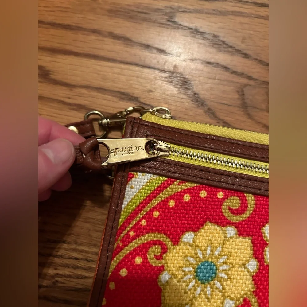 Spartina 449 Women's Red Yellow Linen & Leather Floral Wristlet W/ Gold Accents